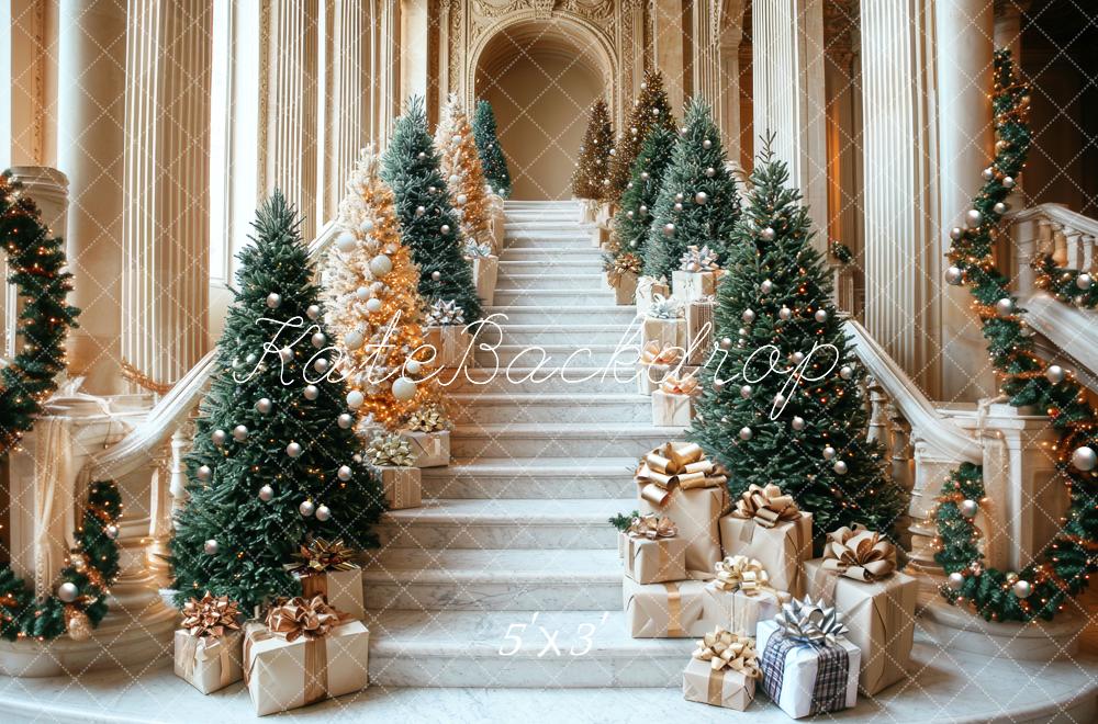 Kate Christmas Cascading Stairs Trees Gifts Architecture Printed Backdrop Designed by Mini MakeBelieve