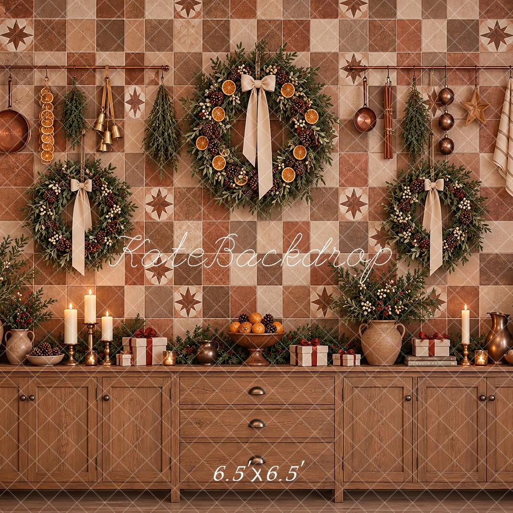 Kate Christmas Kitchen Brown Cabinet Wreath Garland Printed Backdrop Designed by Vertigo Productions