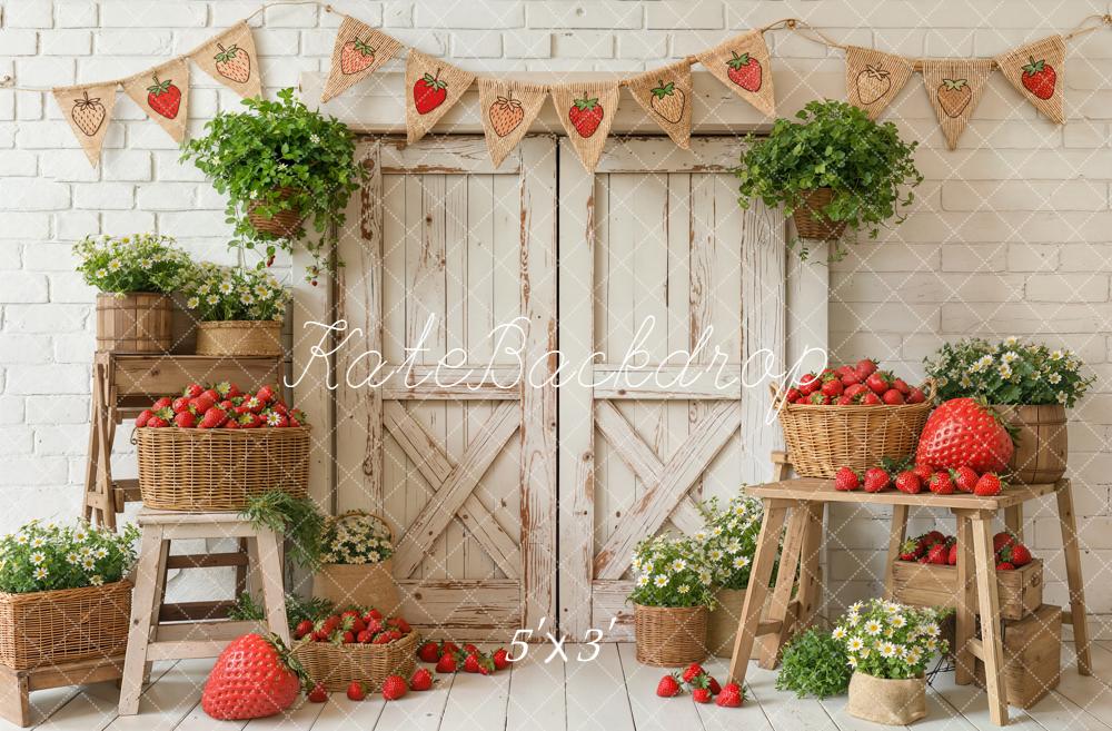 Kate Summer Rustic Strawberry Baskets Wooden Door Flowers Backdrop Designed by Emetselch
