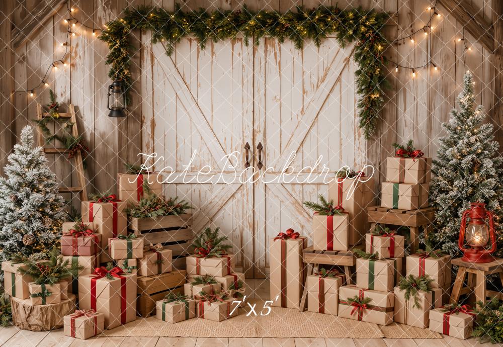 Kate Christmas Rustic White Barn Door Trees Gifts Printed Backdrop Designed by Emetselch