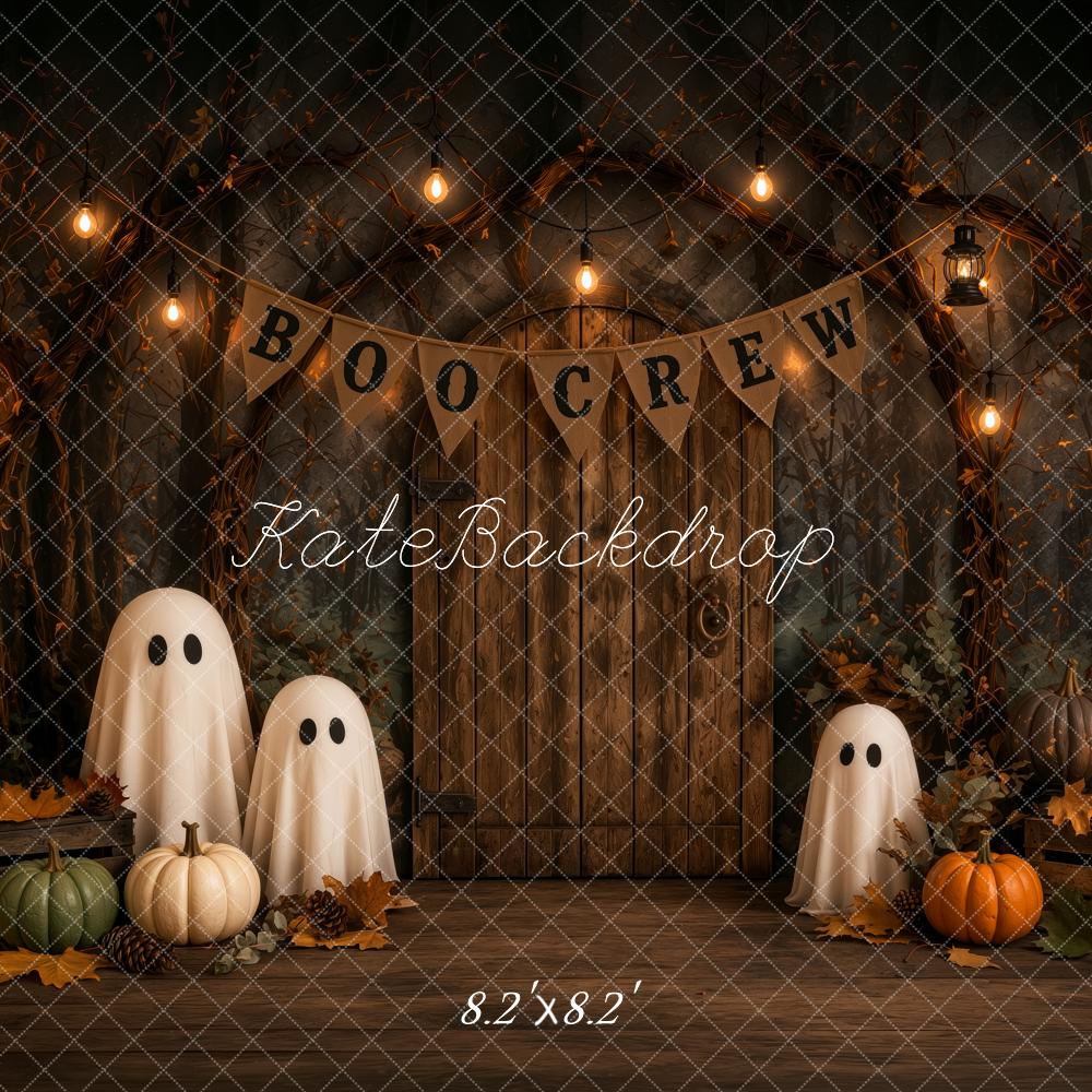 Kate Halloween Trick Or Treat Haunted Barn Ghosts Pumpkins Lights Printed Backdrop Designed by Ashley Ward