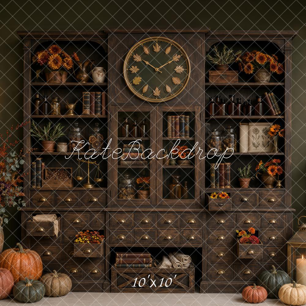 Kate Fall Vintage Apothecary Cabinet Clock Pumpkins Printed Backdrop Designed by Patty Roberts