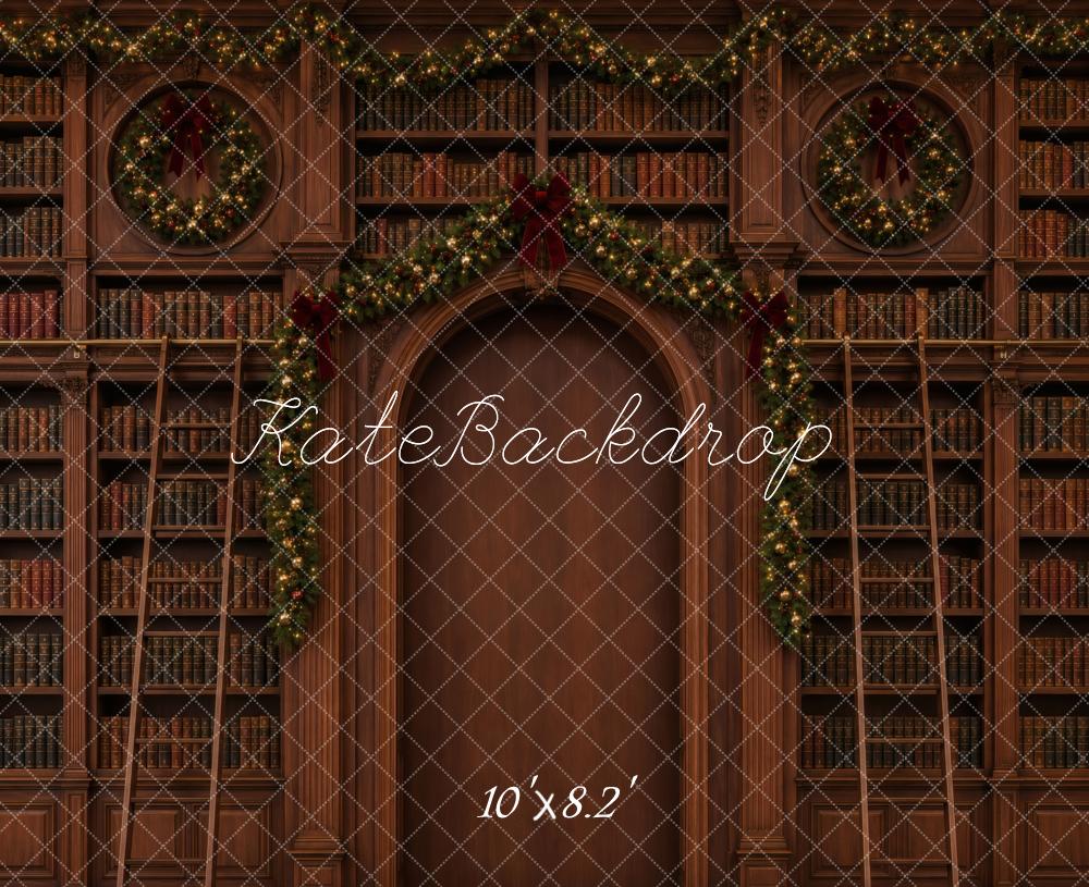 Kate Christmas Library Bookshelves Garland Printed Backdrop Designed by Vertigo Productions