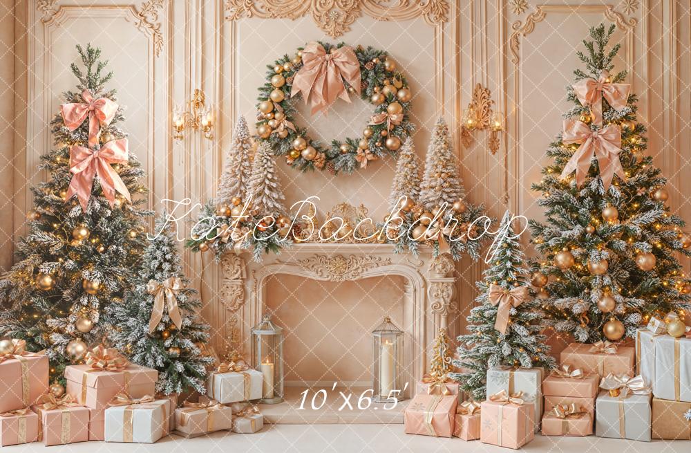 Kate Christmas Fireplace Gorgeous Pink Gold Trees Wreath Gifts Backdrop Designed by Emetselch