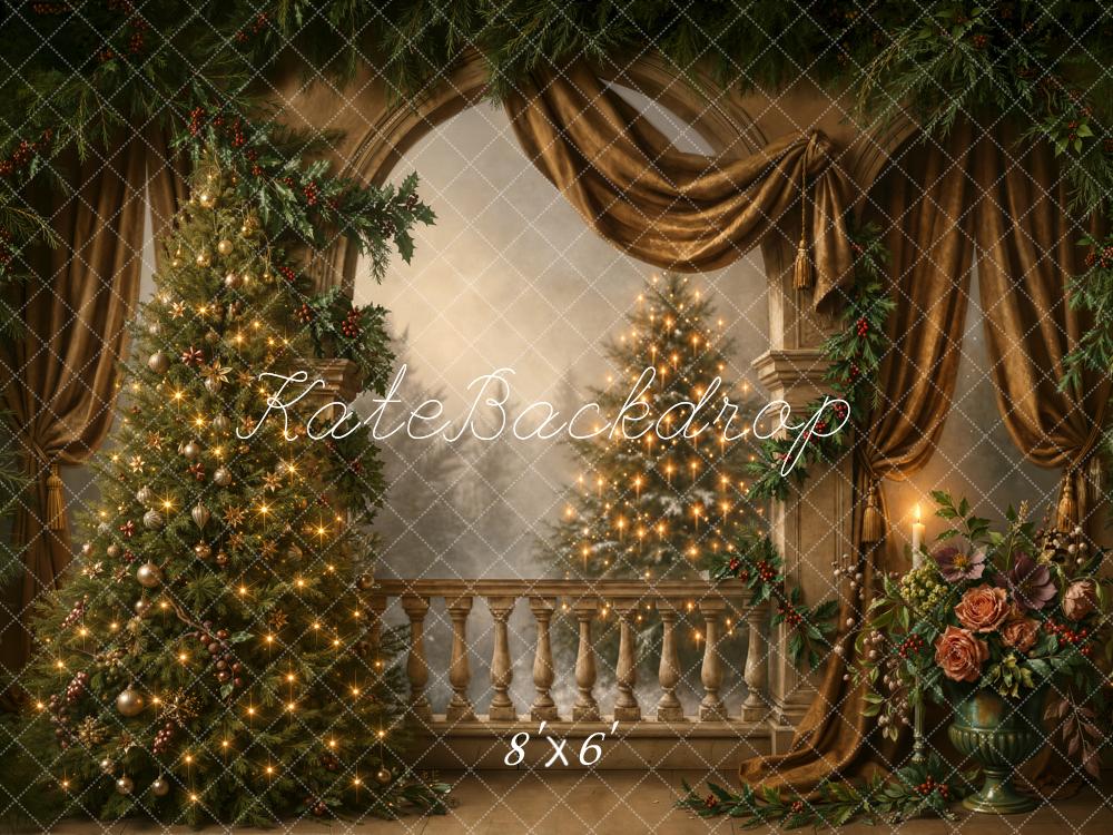 Kate Christmas Tree Vintage Balcony Garland Gold Curtains Flowers Printed Backdrop Designed by Chain Photography