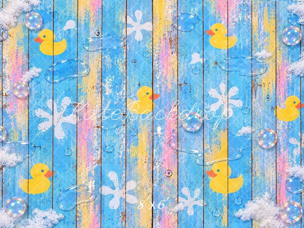 Kate Blue Rubber Duck Bubbles Wood Plank Floor Printed Backdrop Designed by Laura Bybee