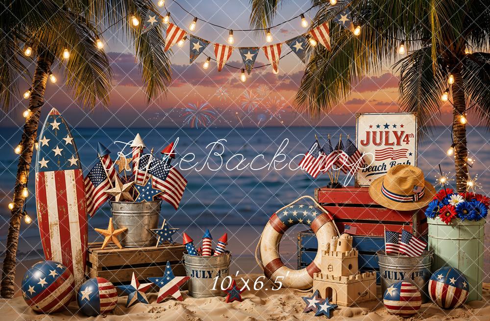 Kate 4th Of July Beach Surfboard Palm Trees Flags Fireworks Printed Backdrop Designed by Emetselch