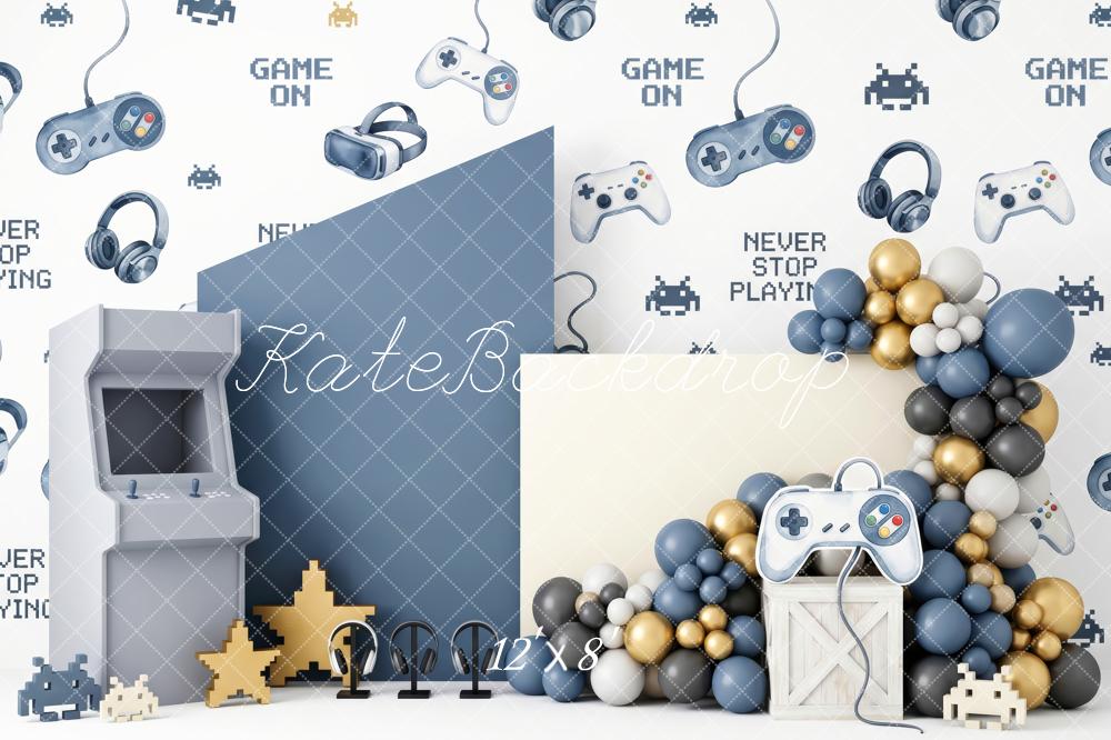 Kate Cake Smash Gaming Level-Up Room Controller Balloon Garland Printed Backdrop Designed by Patty Roberts
