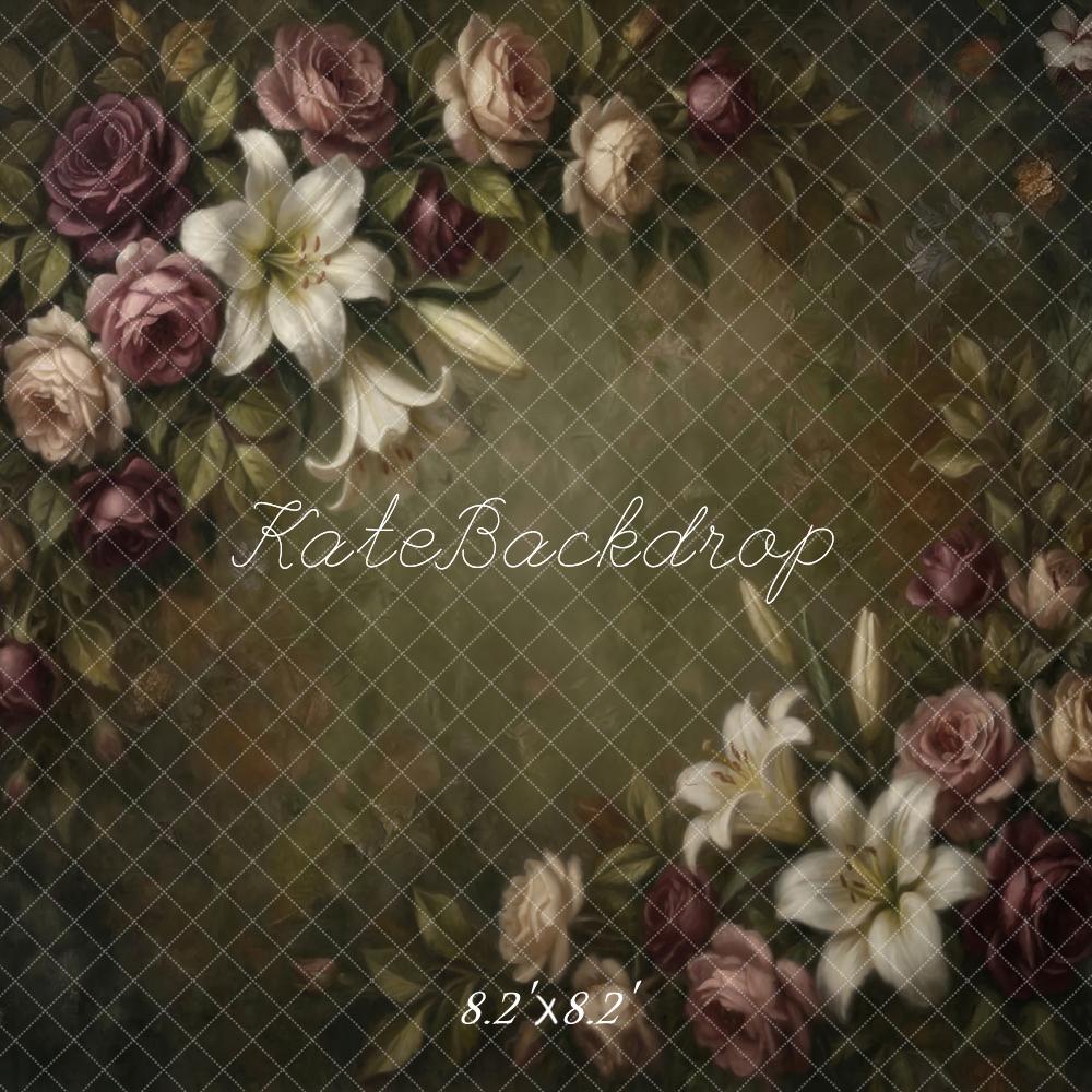 Kate Fine Art Vintage Roses Lilies Floral Arrangement Printed Backdrop Designed by Emetselch