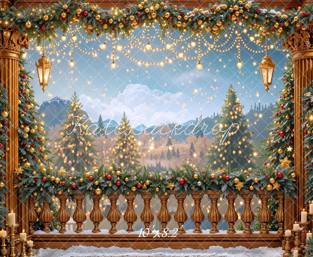 Kate Christmas Garland Columns Mountain Balcony String Lights Printed Backdrop Designed by Mini MakeBelieve