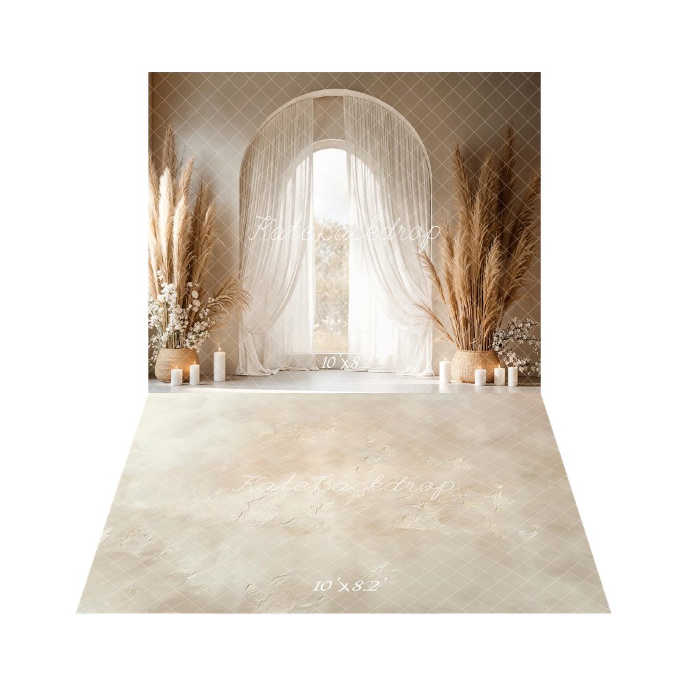 Kate Mother's Day Boho Arch Window Pampas Grass Candles Printed Backdrop+Beige Abstract Texture Printed Floor Backdrop