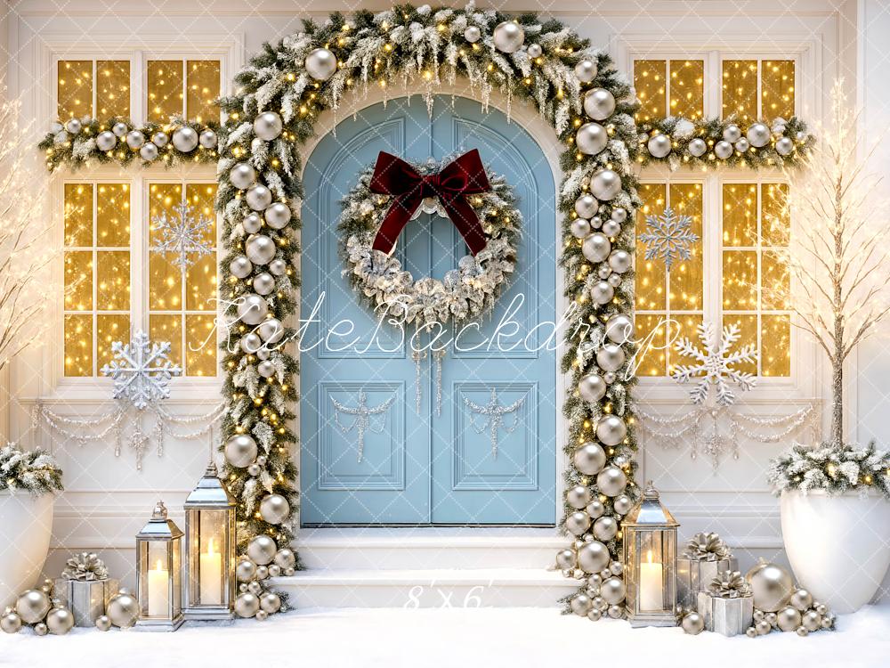 Kate Christmas Blue Door Crystals Ornament Arch Wreath Snow Backdrop Designed by Mini MakeBelieve