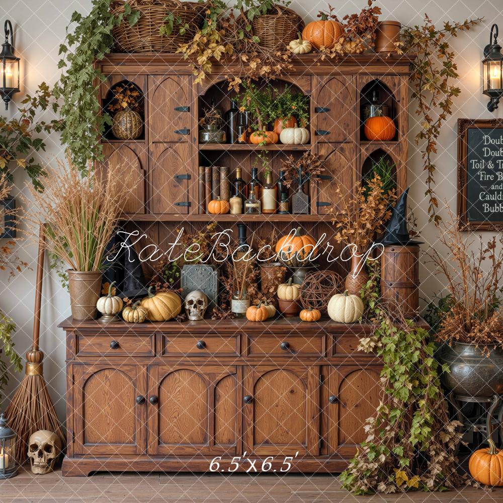 Kate Halloween Witches Hutch Gothic Cabinet Pumpkins Cauldron Printed Backdrop Designed by Mini MakeBelieve