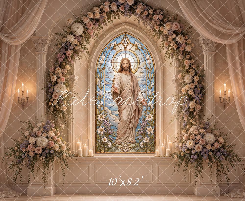 Kate Easter Christian Jesus Stained Glass Floral Arch Printed Backdrop Designed by Ashley Ward