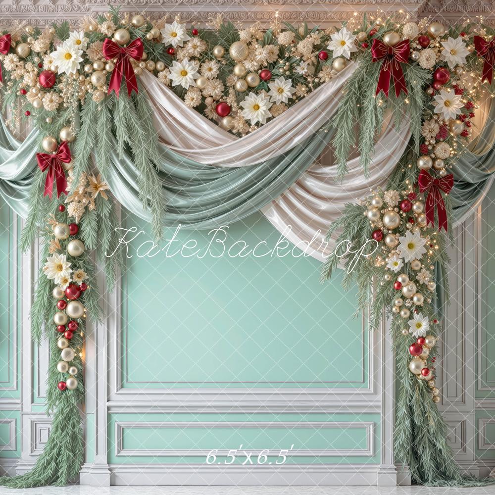 Kate Christmas Mint Green Garland Draped Curtains Printed Backdrop Designed by Mini MakeBelieve