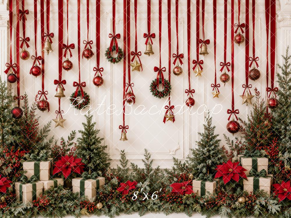Kate Christmas Red Ribbon Bells Ornaments Greenery Gifts Printed Backdrop Designed by Patty Roberts