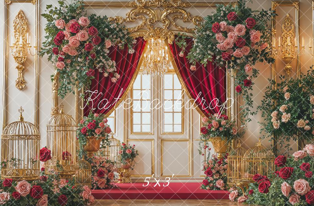 Kate Valentine's Day Red Curtain Gold Door Flower Arch Birdcage Backdrop Designed by Emetselch