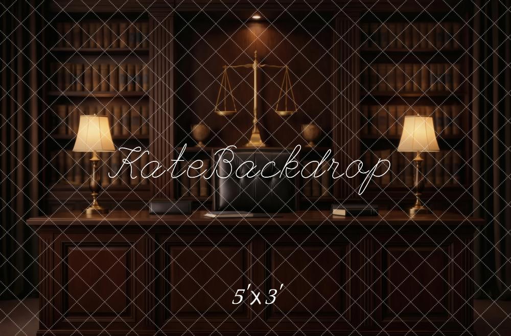 Kate Bookshelves Desk Scales of Justice Lamps Printed Backdrop Designed by Vertigo Productions