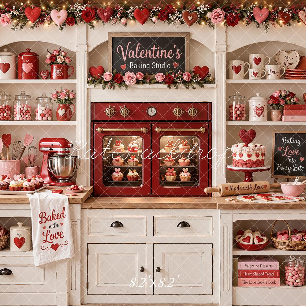Kate Valentine's Day Kitchen Cabinet Baking Red Oven Roses Printed Backdrop Designed by Emetselch
