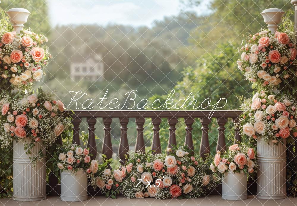 Kate Romantic Floral Balcony Pink Roses Backdrop Designed by Mini MakeBelieve