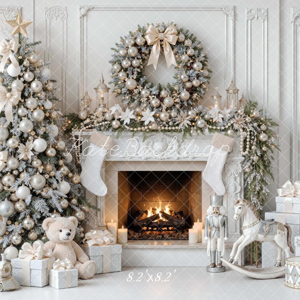 Kate Christmas Tree White Fireplace Wreath Toys Vintage Wall Printed Backdrop Designed by Mini MakeBelieve