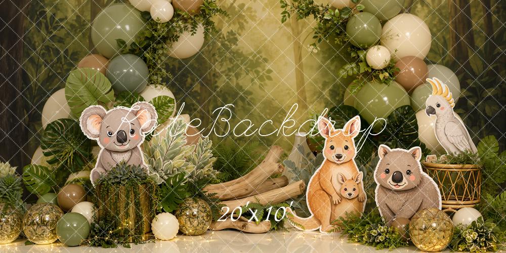 Kate Cake Smash Jungle Koala Kangaroo Wombat Balloon Garland Printed Backdrop Designed by Emetselch