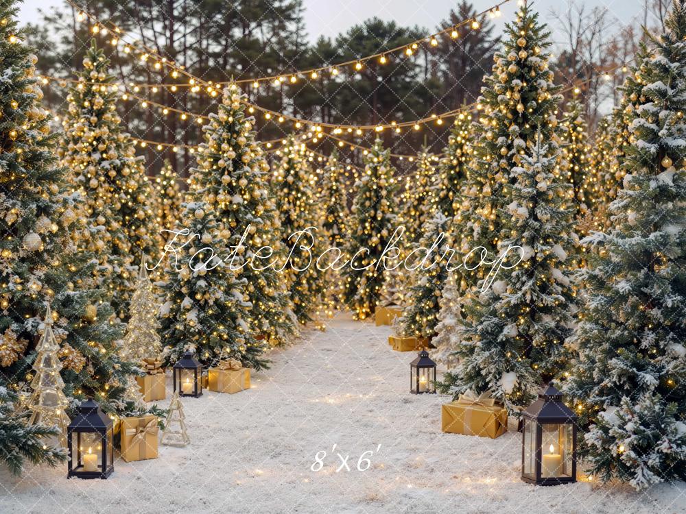 Kate Christmas Snowy Pine Tree Forest String Lights Printed Backdrop Designed by Mini MakeBelieve