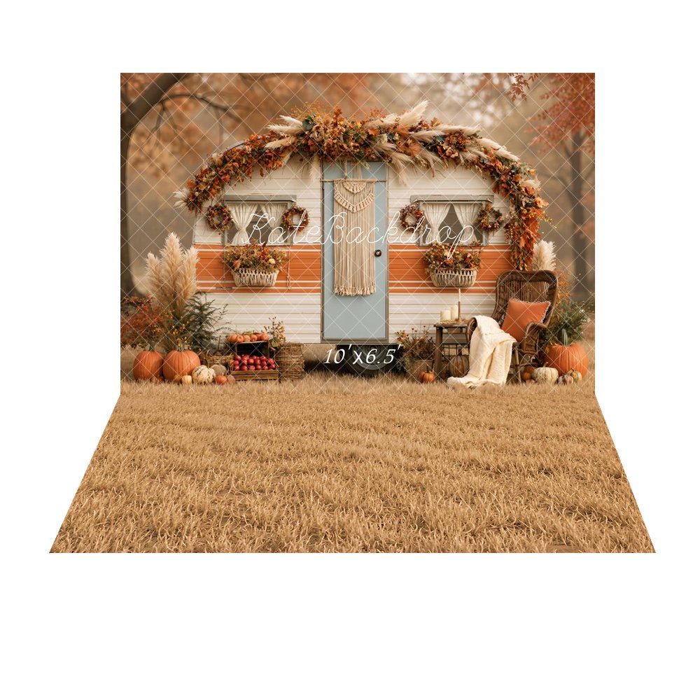 Kate Fall Boho Camper Pampas Grass Pumpkins Macrame Printed Backdrop+Dry Grass Field Floor Printed Backdrop