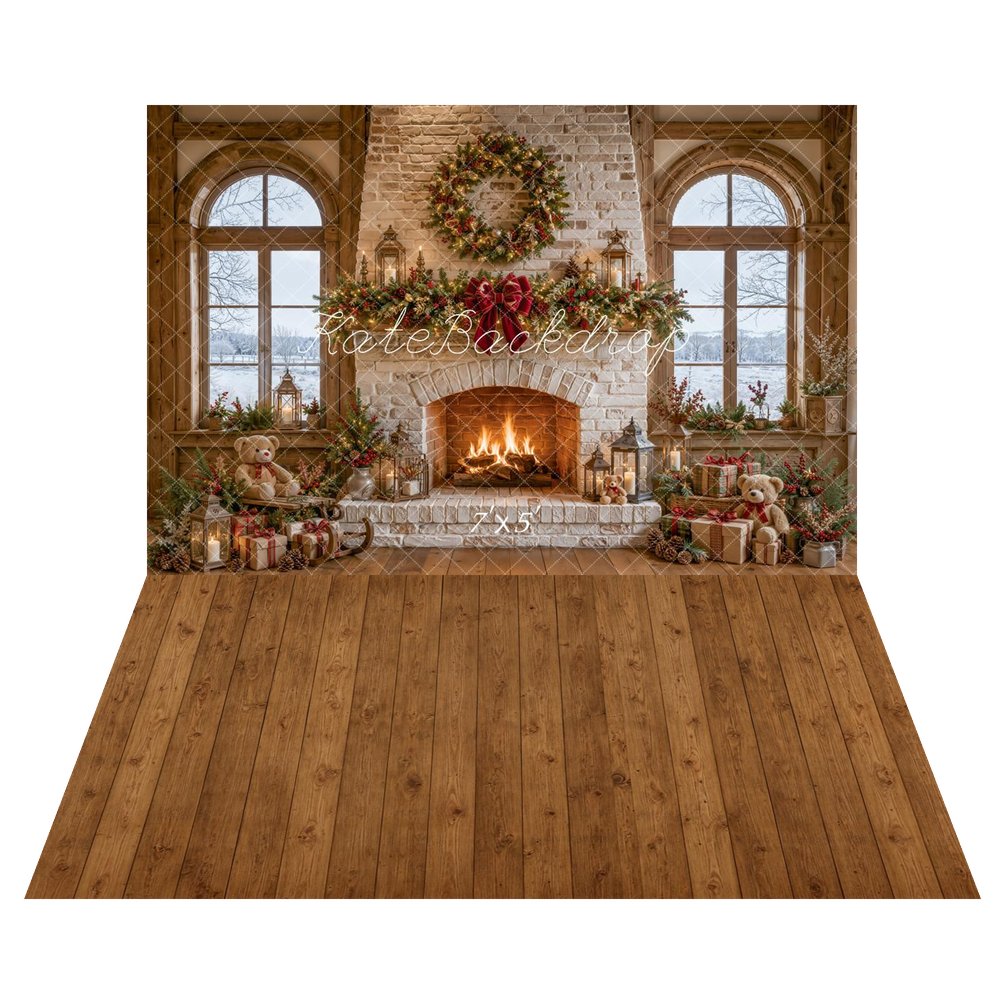 Kate Christmas Stone Fireplace Wreath Garland Lanterns Teddy Bear Printed Backdrop+Brown Wood Plank Floor Printed Backdrop
