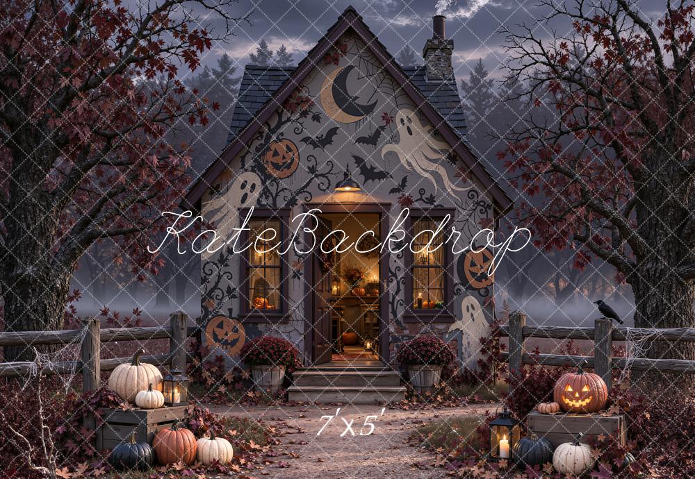 Kate Halloween Haunted House Bats Ghosts Pumpkins Printed Backdrop Designed by Emetselch