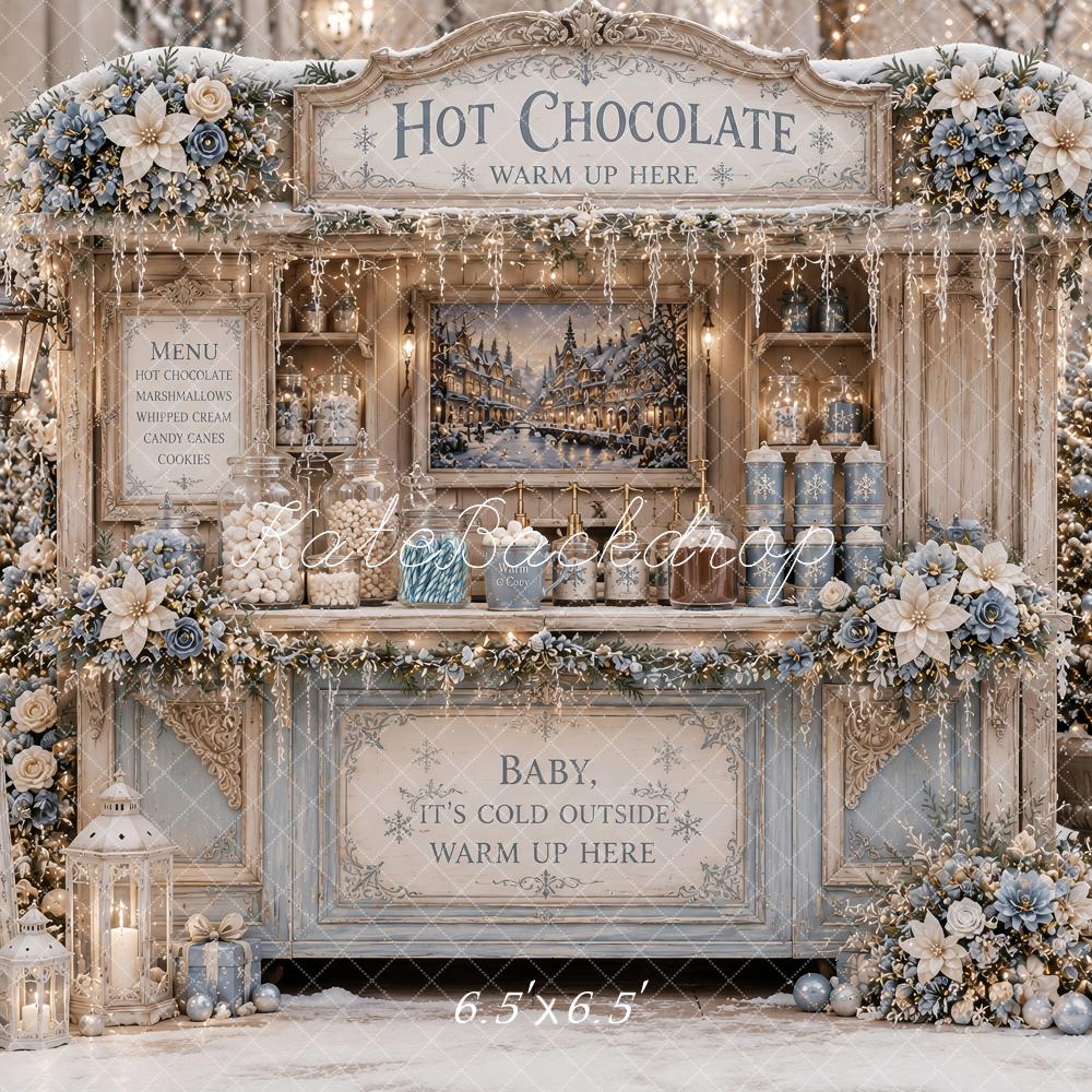 Kate Christmas Hot Chocolate Stand Snowy Floral Stand Blue Printed Backdrop Designed by Ashley Paul