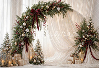Kate Christmas Circle Flower Arch White Drapes Gold Ornaments Gifts Printed Backdrop Designed by Emetselch