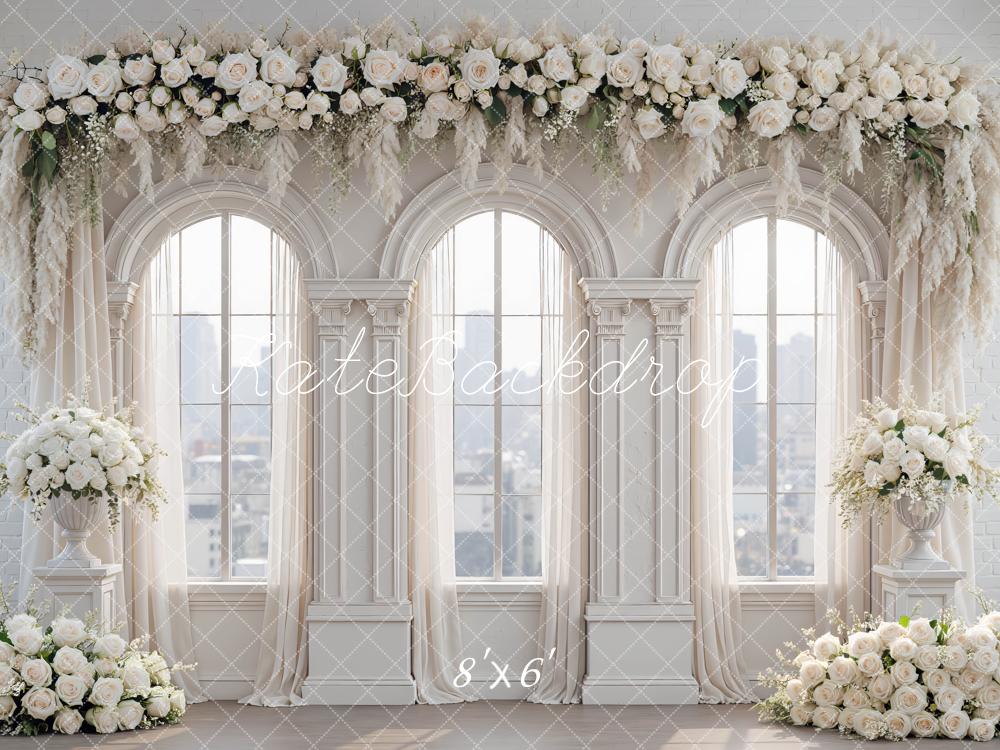 Kate White Flower Arch Windows Columns Printed Backdrop Designed by Mini MakeBelieve