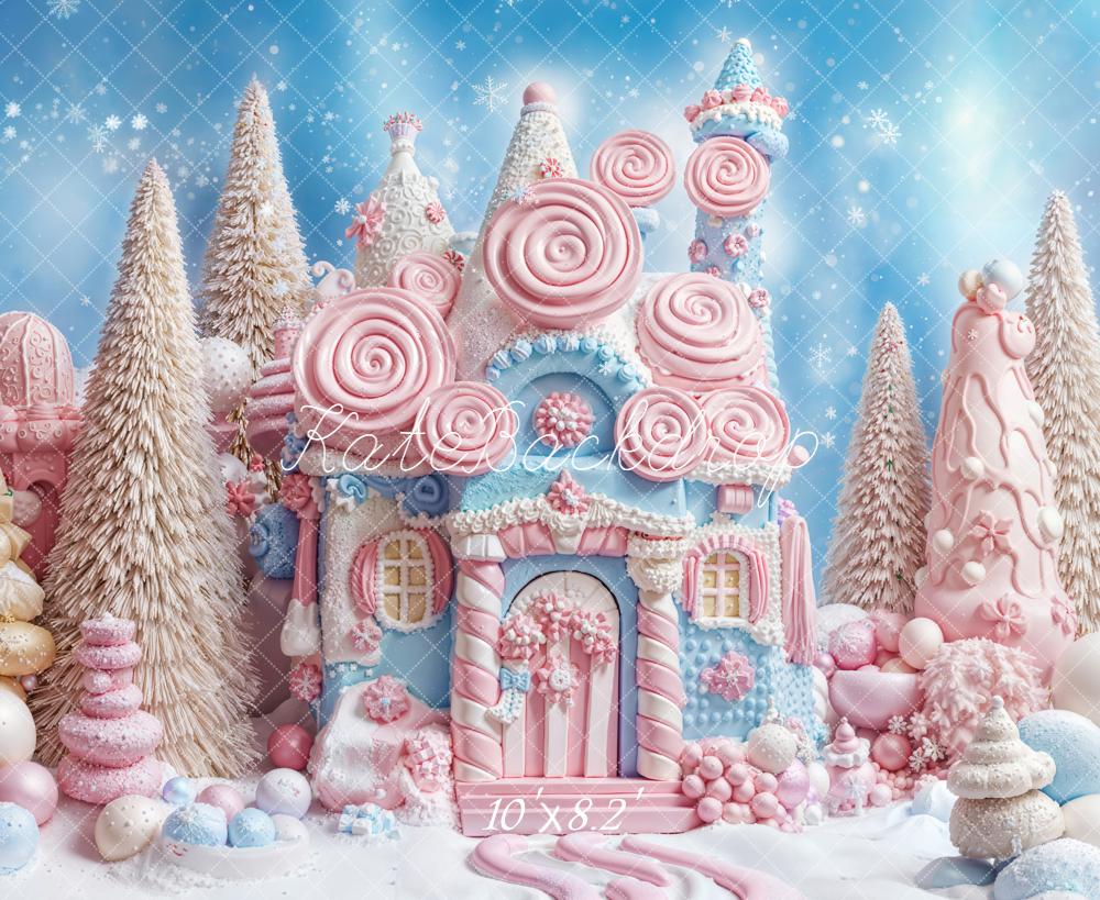 Kate Christmas Whimsical Candy Castle Pastel Snowy Trees Backdrop Designed by Emetselch