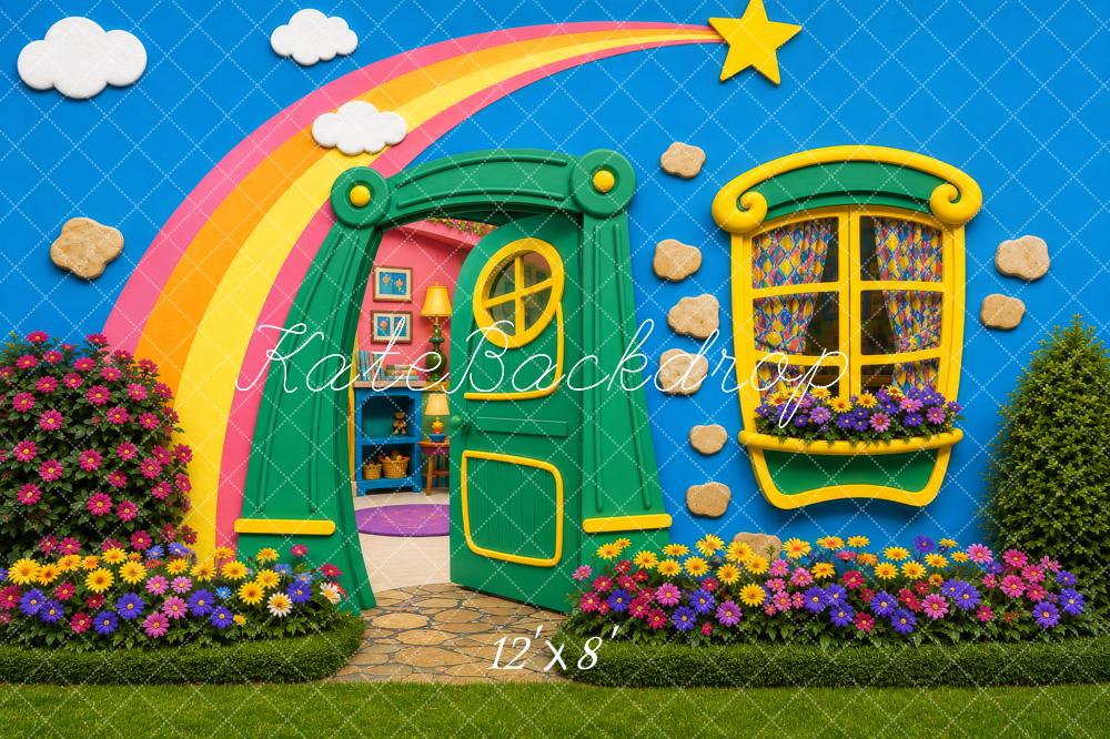Kate Cake Smash Whimsical Rainbow Star Playhouse Garden Door Window Flowers Printed Backdrop Designed by Shutter Swan Studios