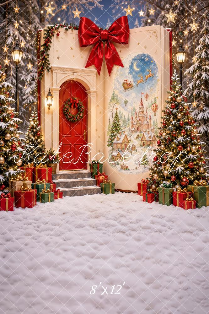 Kate Christmas Storybook Snowy Doorway Red Bow Christmas Trees Castle Printed Backdrop Designed by Emetselch