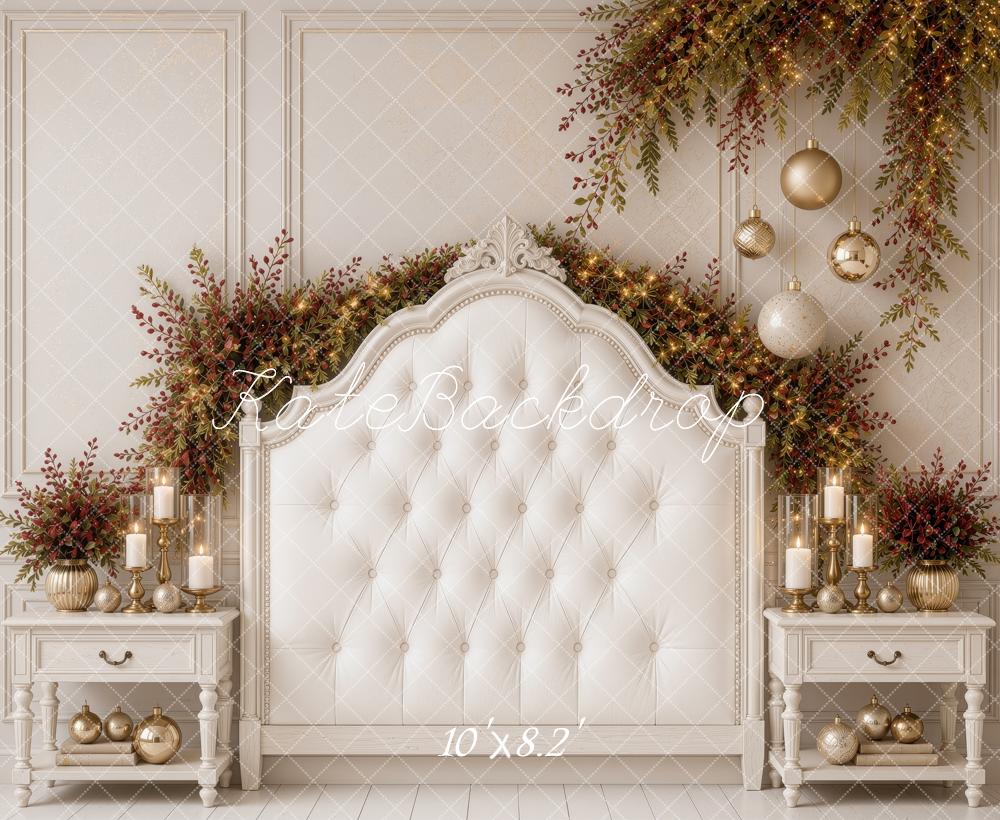 Kate Christmas White Tufted Headboard Garland Nightstands Printed Backdrop Designed by Ashley Ward
