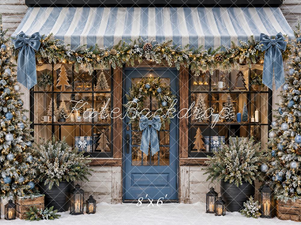 Kate Christmas Blue Storefront Garland Awning Snowy Printed Backdrop Designed by Ashley Paul