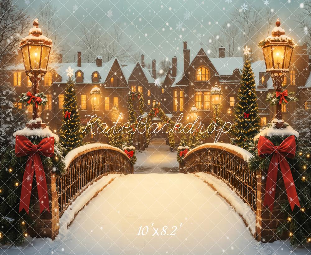 Fondo del pueblo de faroles del puente nevado de Navidad Designed by Emetselch