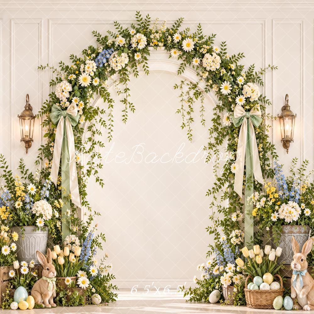 Kate Spring Easter Flower Arch Bunny Pastel Eggs White Wall Printed Backdrop Designed by Emetselch