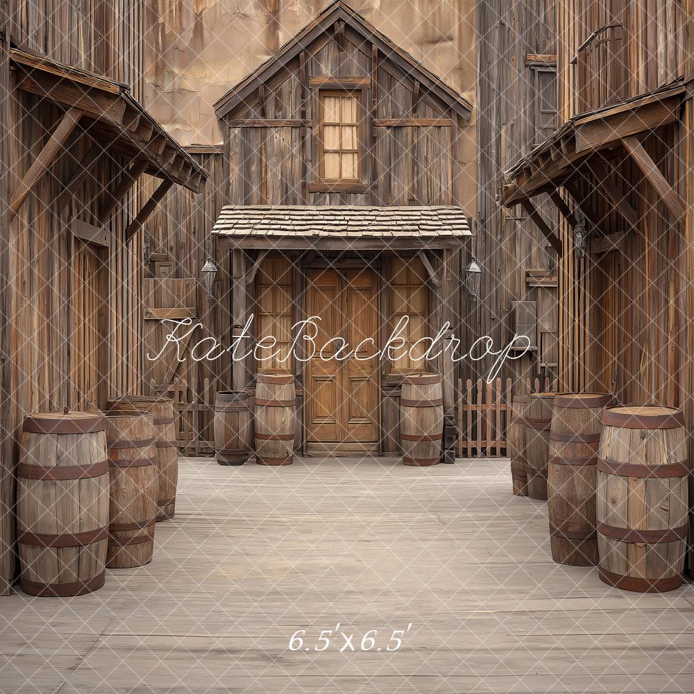 Kate Western Old Town Wooden Buildings Barrels Printed Backdrop Designed by Angela Miller