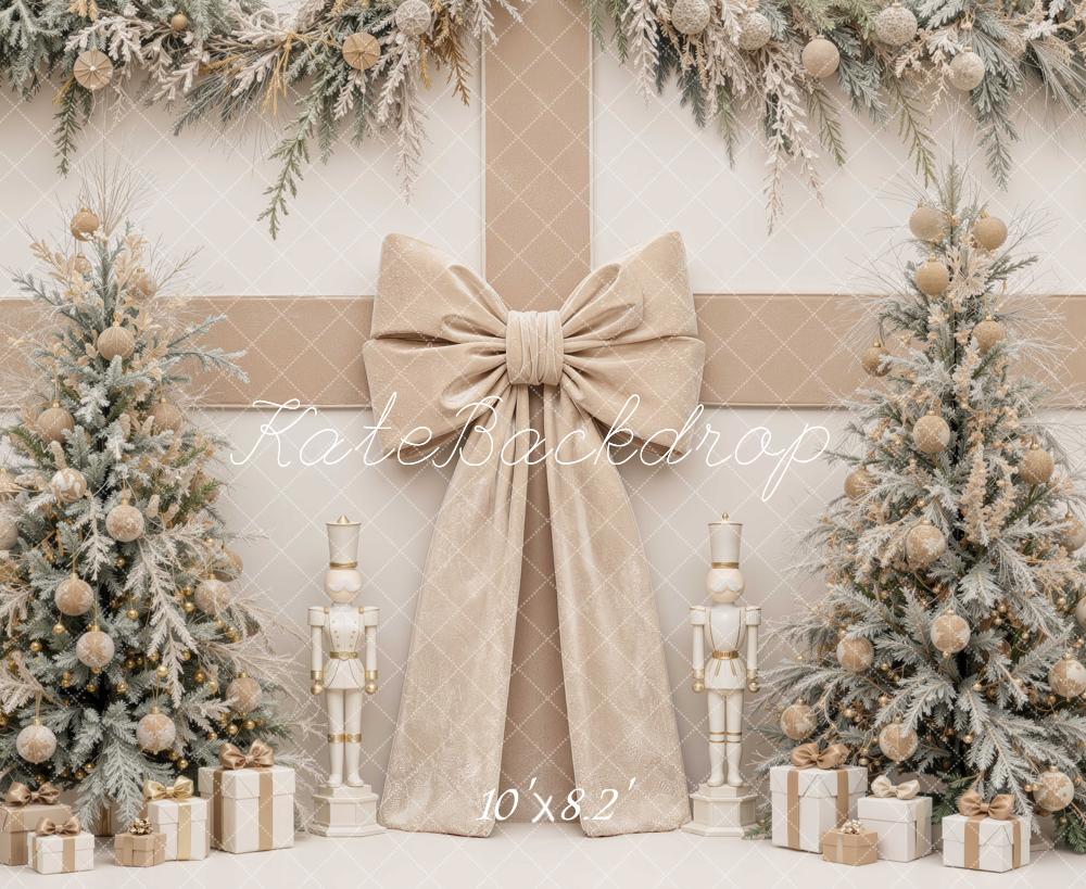 Kate Christmas Beige Bow Nutcracker Trees Printed Backdrop Designed by Mini MakeBelieve