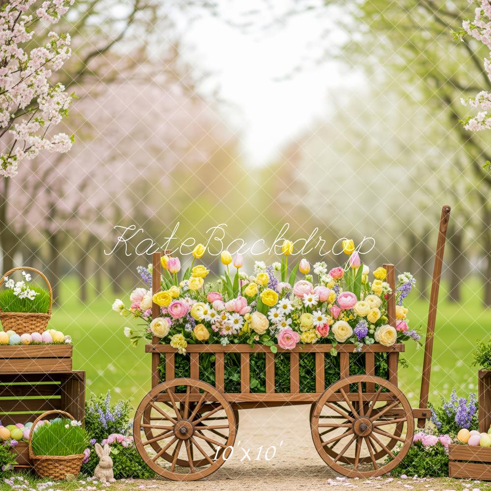 Kate Easter Bunny Flower Cart Blossom Trees Printed Backdrop Designed by Patty Roberts