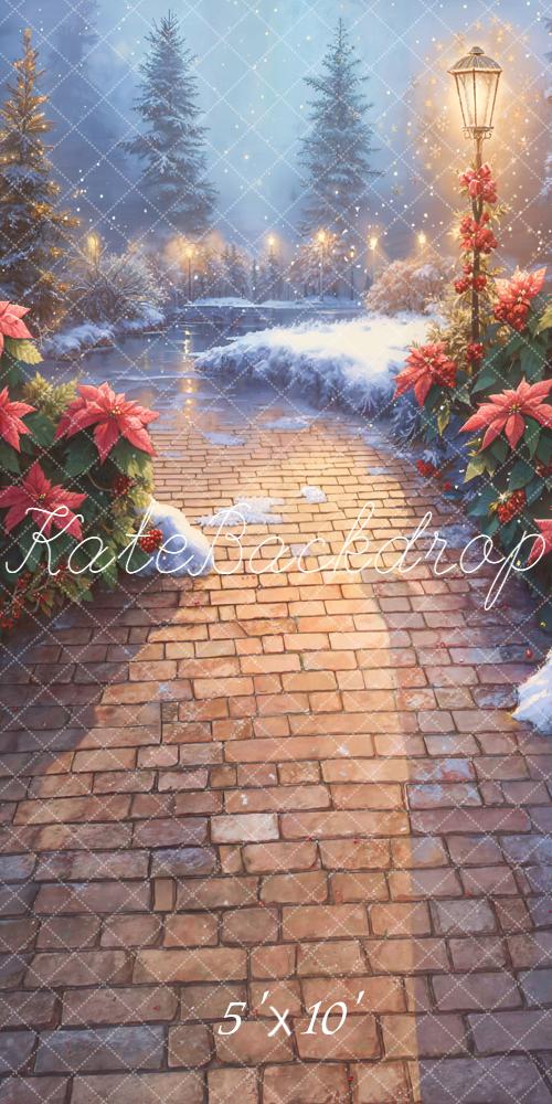 Kate Sweep Christmas Snowy Brick Path Poinsettia Lamp Post Backdrop Designed by Emetselch