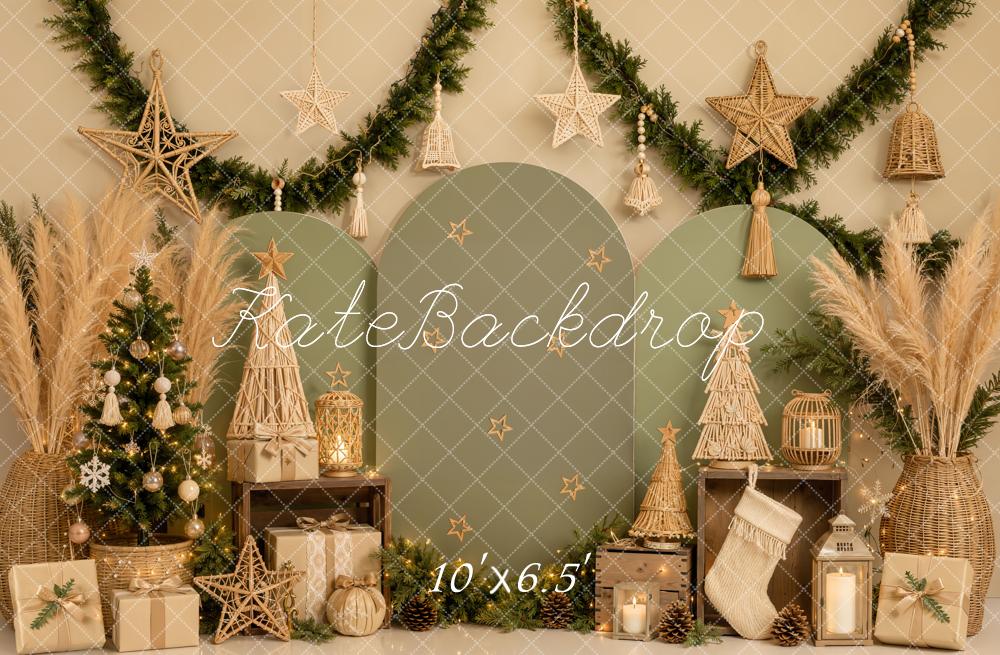 Kate Christmas Boho Green Arch Panels Trees Stars Printed Backdrop Designed by Emetselch