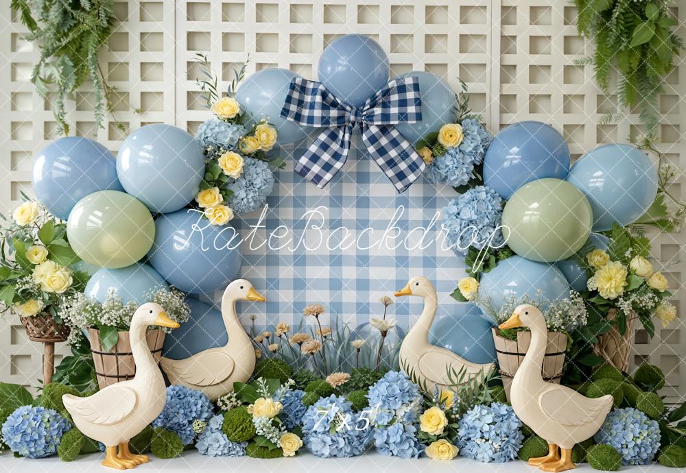 Kate Cake Smash Blue Balloons Silly Goose Florals Gingham Bow Backdrop Designed by Emetselch