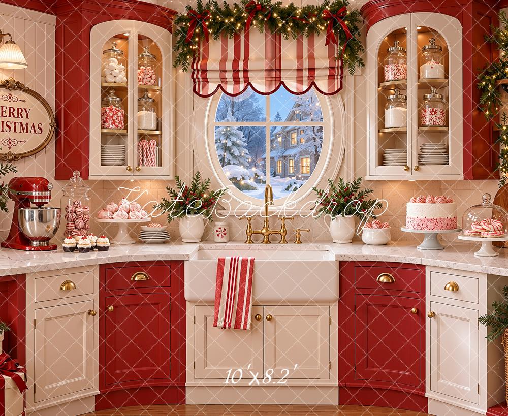 Kate Christmas Kitchen Red Candy Cane Peppermint Window Printed Backdrop Designed by Shutter Swan Studios
