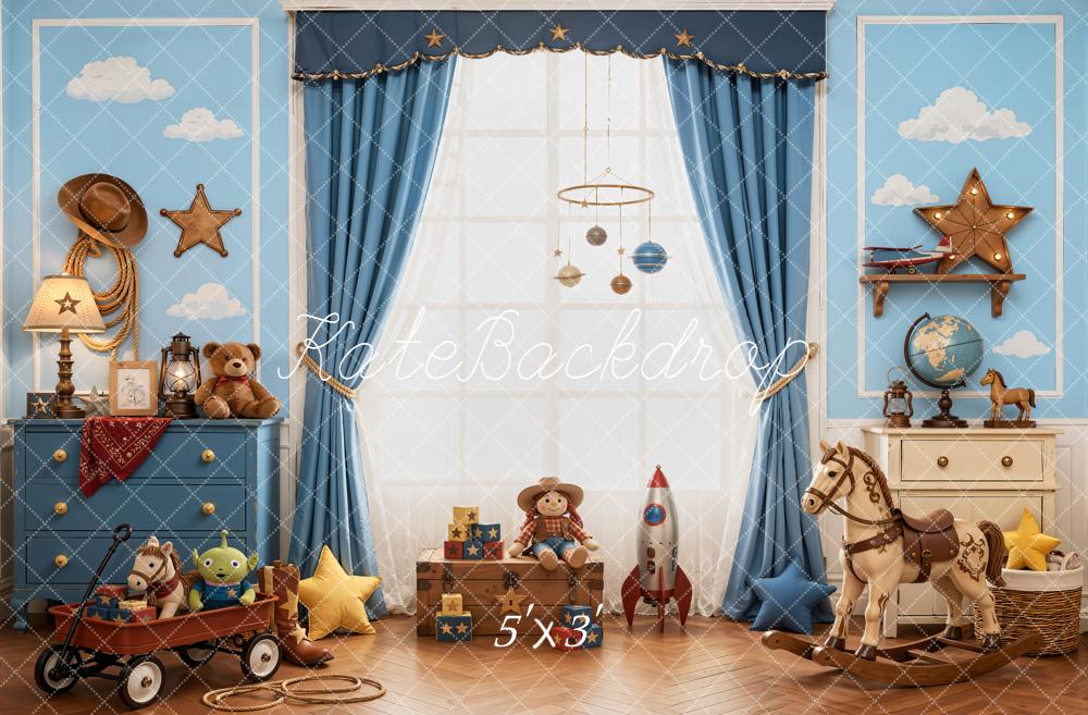 Kate Cowboy Kids Room Blue Curtains Toy Horse Stars Clouds Printed Backdrop Designed by Emetselch