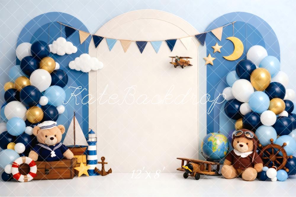 Kate Cake Smash Nautical Aviator Teddy Bear Balloons Clouds Moon Printed Backdrop Designed by Vertigo Productions