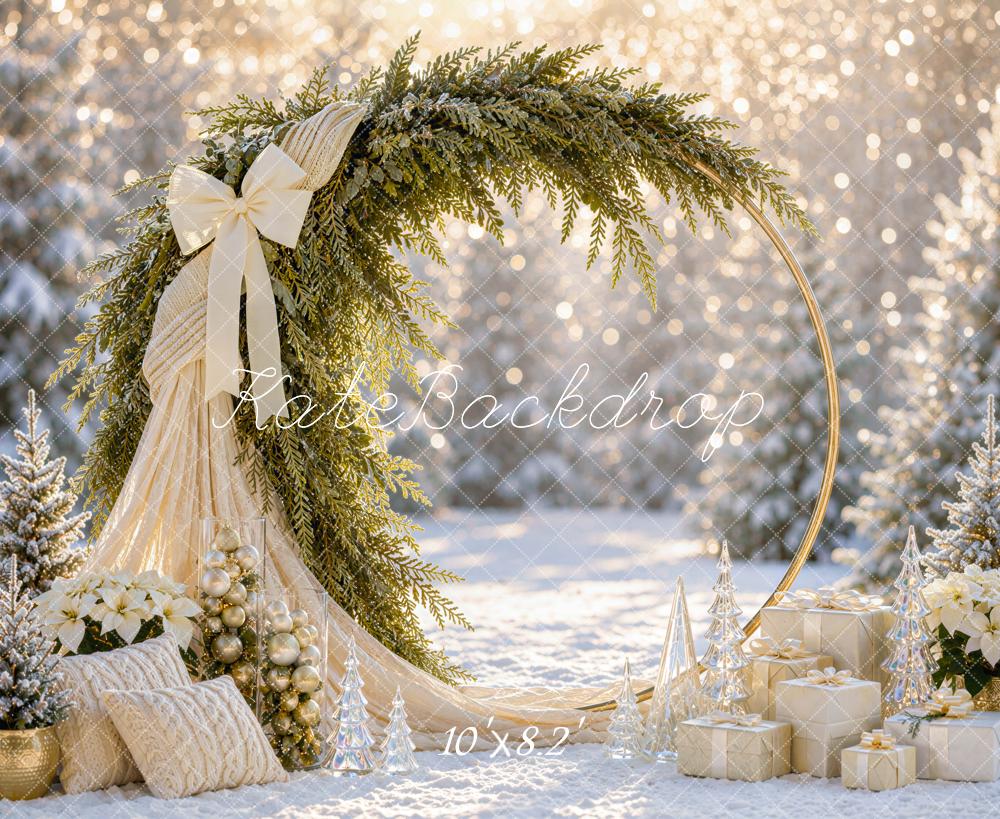 Kate Christmas Circle Arch Snowy Greenery Bow Snowy Printed Backdrop Designed by Mini MakeBelieve